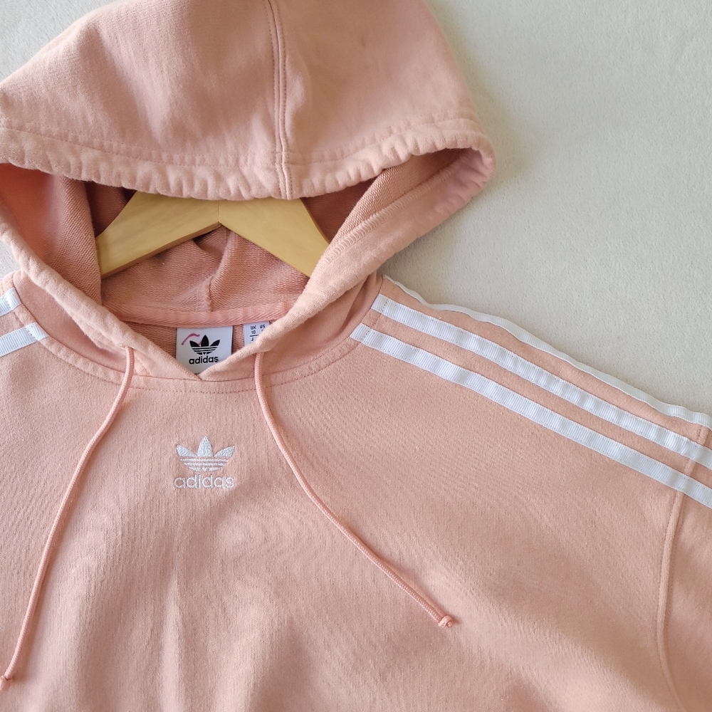 SOLD Adidas Originals Boxy Crop Hoodie Sweatshirt 3 Stripe Ash Pink Small - Picture 2 of 6